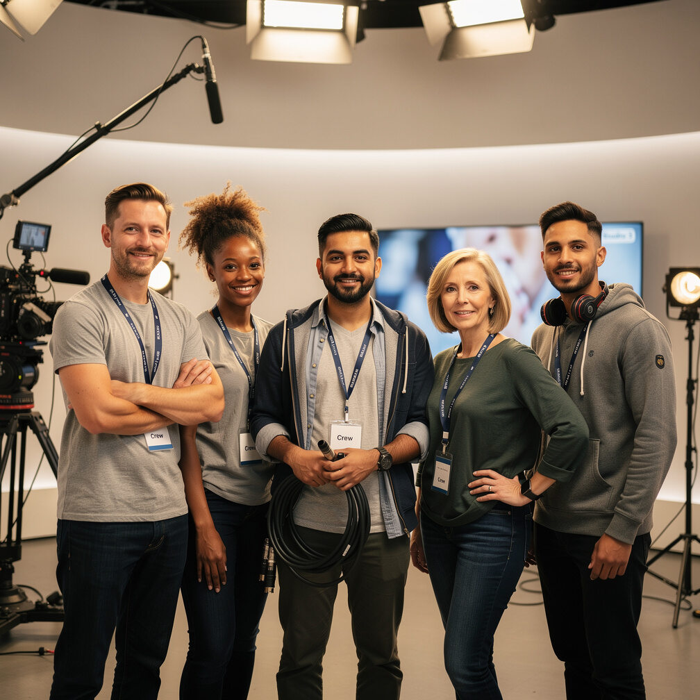 Group of media production staff standing together in a studio