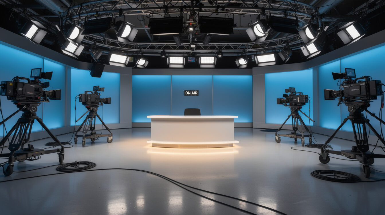 Multi-camera television studio set with lighting rig