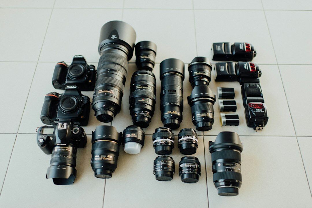 Close-up of professional broadcast camera lens and equipment